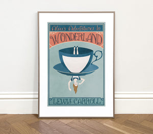 Framed artwork of 'Alice's Adventures in Wonderland' with tea cup design and hand-drawn typography. 