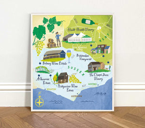 Illustrated map of Sussex / Kent with wine-related landmarks on a white wall.
