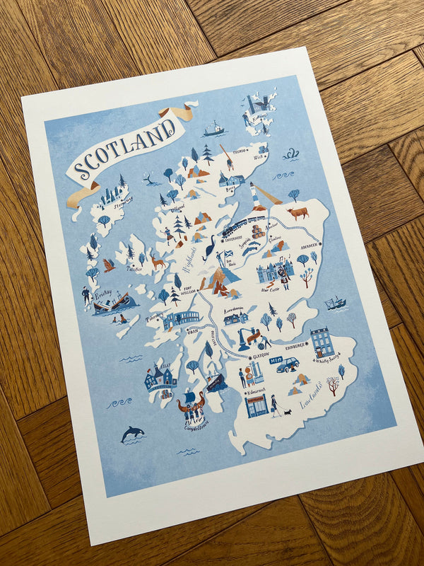 Illustrated map of Scotland print on wooden surface