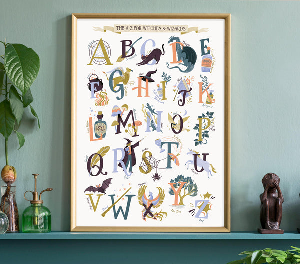 Framed Harry Potter  poster with magical illustrations on a green wall.