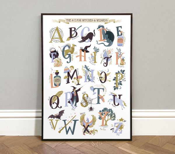 Framed Magic A-Z Harry Potter Poster alphabet poster with magical illustrations on a wall.