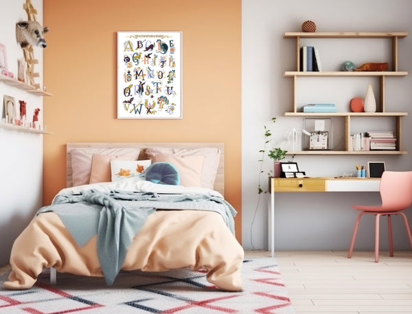 Modern bedroom with orange wall, bed, shelves, desk and Magic A-Z Harry Potter Poster