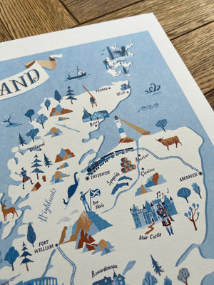 Close up photo of  Map of Scotland illustration showing grain of high-quality paper. 