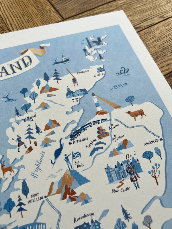 Close up photo of  Map of Scotland illustration showing grain of high-quality paper. 