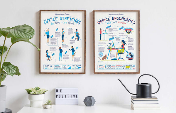Two framed posters on a wall with office stretches and ergonomics illustrations, surrounded by plants and decor.