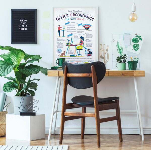 Home office setup with a desk, chair, and Office Ergonomics poste.