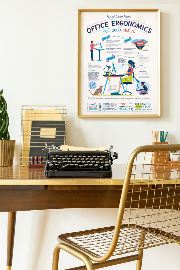 Framed 'Office Ergonomics' poster on a wall above a desk with a typewriter and chair.