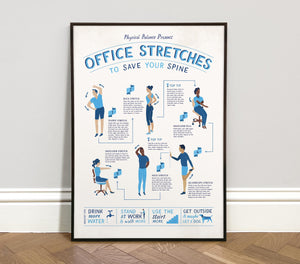 Framed poster on a wall titled 'Office Stretches to Save Your Spine' with illustrations and text.