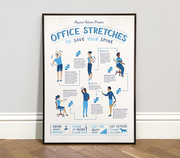 Framed poster on a wall titled 'Office Stretches to Save Your Spine' with illustrations and text.