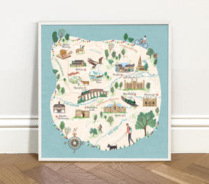 Illustrated map of Stamford region on a light blue background, framed and leaning against a white wall. Key landmarks are Rutland, Market Harborough, Uppingham, Oundle, Nene Valley, Melton Mowbray and Oakham
