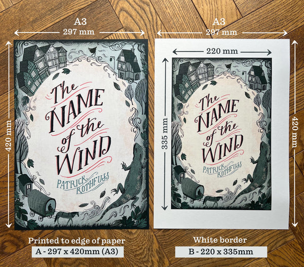Two prints of 'The Name of the Wind' with dimensions labeled on a wooden surface.